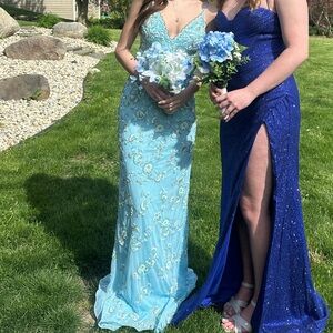 Hand Beaded Aqua Floral Prom Dress